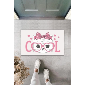 Dijital Baskı Beyaz Cool Pembe Gözlüklü Fiyonklu Kedi Dekoratif Kapı Paspası K-2038