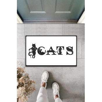 Dijital Baskı Beyaz Kedilerle Bezenmiş Cats Yazılı Dekoratif Kapı Paspası K-2028