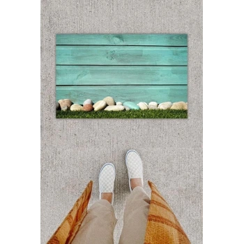 Dijital Baskı Dekoratif Ahşap Duvar Mavi Kapı Önü Paspası K-1268