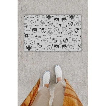 Dijital Baskı Dekoratif Çoklu Kedi Bej Kapı Önü Paspası K-1208