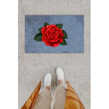 Dijital Baskı Dekoratif Gül Antrasit Kapı Önü Paspası K-1295