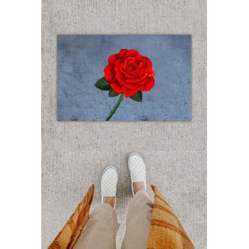 Dijital Baskı Dekoratif Gül Kırmızı Kapı Önü Paspası K-1294