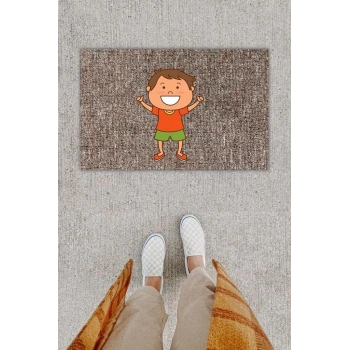 Dijital Baskı Dekoratif Gülen Çocuk Gri Kapı Önü Paspası K-1286