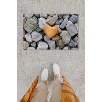 Dijital Baskı Dekoratif Kalp Gri Kapı Önü Paspası K-1250