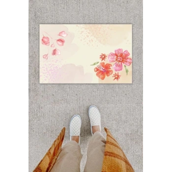 Dijital Baskı Dekoratif li Çiçek Pembe Kapı Önü Paspası K-1223