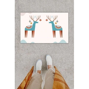 Dijital Baskı Dekoratif li Geyik Bej Kapı Önü Paspası K-1273