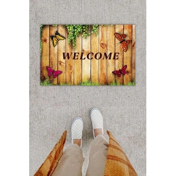 Dijital Baskı Dekoratif lü Kelebek Kahverengi Kapı Önü Paspası K-1257