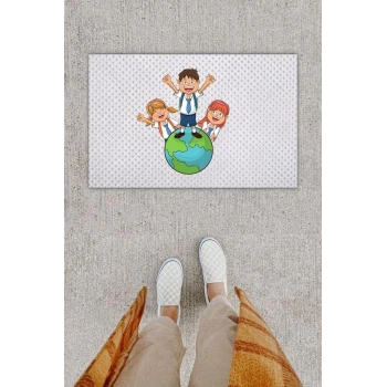 Dijital Baskı Dekoratif Mutlu Çocuklar Beyaz Kapı Önü Paspası K-1285