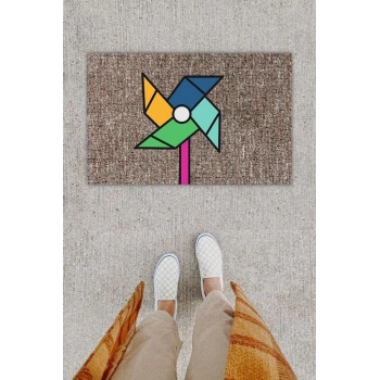 Dijital Baskı Dekoratif Rüzgar Gülü Gri Kapı Önü Paspası K-1287