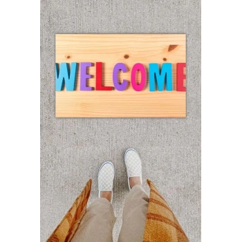 Dijital Baskı Dekoratif Welcome Ahşap Kapı Önü Paspası K-1247