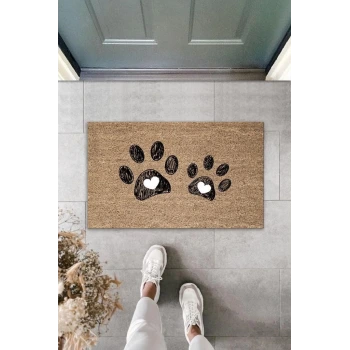 Dijital Baskı Kahverengi Çift Kalpli Patili Dekoratif Kapı Paspası K-2030