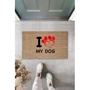 Dijital Baskı Kahverengi Kırmızı Kalpli I Love My Dog Dekoratif Kapı Paspası K-2016