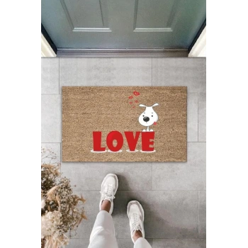 Dijital Baskı Kahverengi Kırmızı Love Yazılı Beyaz Köpek Dekoratif Kapı Paspası K-2013