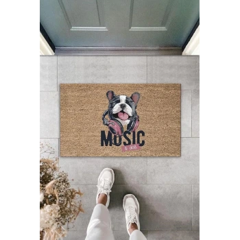 Dijital Baskı Kahverengi Music Yazılı Kulaklıklı Köpek Dekoratif Kapı Paspası K-2042
