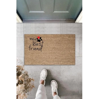 Dijital Baskı Kahverengi Patili My Best Friend Dekoratif Kapı Paspası K-2064