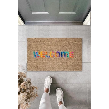 Dijital Baskı Kahverengi Renkli Welcome Dekoratif Kapı Paspası K-2002