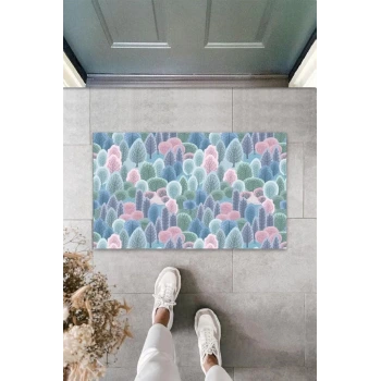 Dijital Baskı Pembe-Mavi Küçük Ağaçlar Paspas K-3094