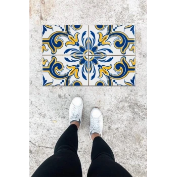 Dijital Baskı Renkli Çini Desen Kapı Önü Paspası K-1062