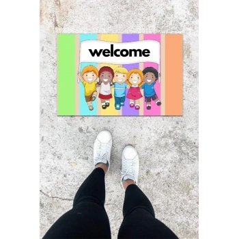 Dijital Baskı Renkli Neşeli Çocuk Desen Kapı Önü Paspası K-1043