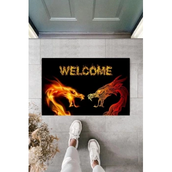 Dijital Baskı Siyah Welcome Ejderha Paspas K-2110