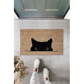 Dijital Kara Kedi Bej Kapı Paspası Dış Mekan Paspas K-3185