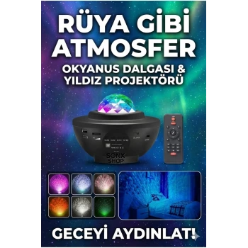 Galaksi Yıldız Projektörü ve Bluetooth Hoparlör 10 Renk Modlu Okyanus Dalgalı Gece & Disko Lambası