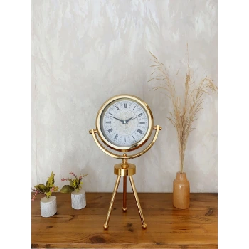 Gold Metal Mini Tripod Çini Desenli Roma Rakamı Masa Saati 45×26 cm