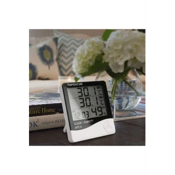 İç ve Dış Ortam Sıcaklığını Ölçebilen LCD Ekran Saat Göstergeli Alarmlı Nem Ölçer Termometre