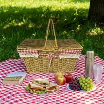 İpek Yıldızı® 2 Kapaklı Dikdörtgen Plastik Rattan Piknik Sepeti – Doğal Hasır Görünümlü Çok Amaçlı Piknik, Plaj ve Bahçe Sepeti