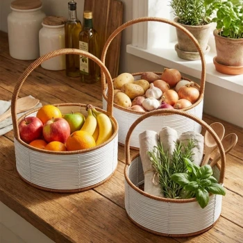 İpek Yıldızı® 3 Boy İç İçe Geçebilen Plastik Rattan Sepetler–Beyaz Renkli,Kahverengi Saplı, Çok Amaçlı Düzenleyici ve Sunum Sepeti Seti