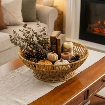 İpek Yıldızı® 31 cm Plastik Rattan Servis Çanağı – Doğal Hasır Görünümlü Dekoratif Meyve, Ekmek ve Sunum Kasesi