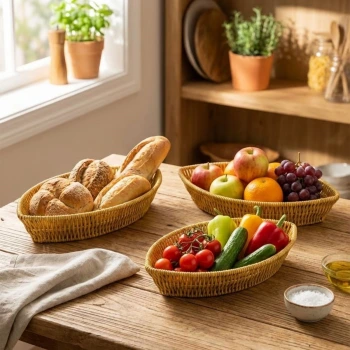 İpek Yıldızı® 3’lü Kayık Formlu Plastik Rattan Sepet Seti–Hasır Görünümlü Ekmek, Meyve ve Sunum Sepetleri, Çok Amaçlı Masaüstü Organizer