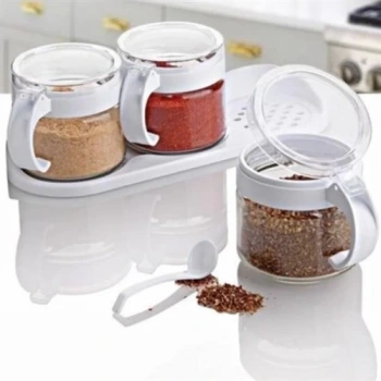 İpek Yıldızı® Beyaz 3lü Standlı Kapaklı Kaşıklı Cam Hava Sızdırmaz Baharatlık Takımı KC-386