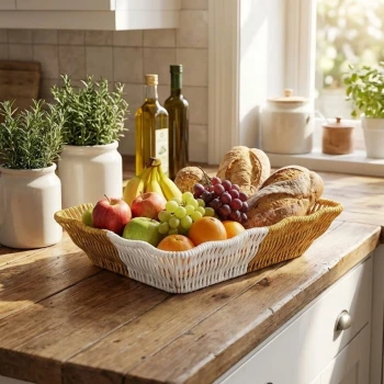 İpek Yıldızı® Dikdörtgen Çift Renkli Plastik Rattan Ekmek ve Meyve Sepeti - Çok Amaçlı Banyo ve Mutfak Düzenleyici - Yıkanabilir Tezgâh Üstü Organizer