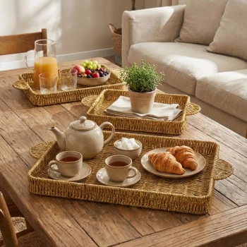 İpek Yıldızı® İç İçe Geçebilen 3’lü Dikdörtgen Plastik Rattan Tepsi Seti–Hasır Görünümlü Çok Amaçlı Servis ve Sunum Tepsileri