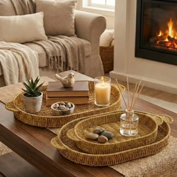 İpek Yıldızı® İç İçe Geçebilen 3’lü Oval Plastik Rattan Tepsi Seti–Hasır Görünümlü Çok Amaçlı Servis ve Sunum Tepsileri