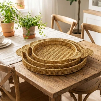 İpek Yıldızı® İç İçe Geçebilen 3’lü Yuvarlak Plastik Rattan Tepsi Seti–Hasır Görünümlü Çok Amaçlı Servis ve Sunum Tepsileri
