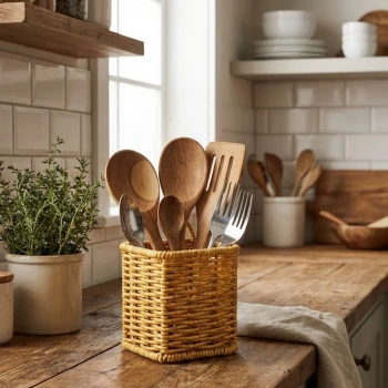 İpek Yıldızı® Kare Hasır Dokulu Plastik Rattan Kaşıklık & Çatallık – Askılı Kendiliğinden Tutmalı Çok Amaçlı Mutfak Organizeri