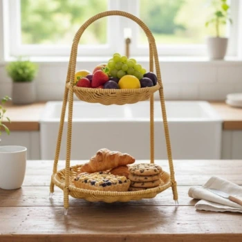 İpek Yıldızı® Plastik Rattan İki Katlı Sunumluk–Dekoratif Organizer, Mutfak Meyve,Sebze Sepeti, Banyo Düzenleyici Raf,Masaüstü Çok Amaçlı Sunum Standı