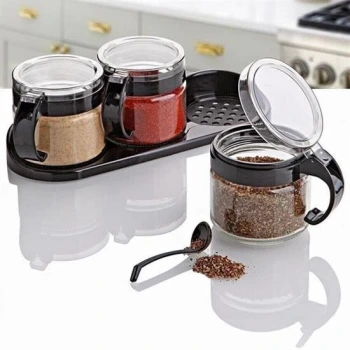 İpek Yıldızı® Siyah 3lü Standlı Kapaklı Kaşıklı Cam Hava Sızdırmaz Baharatlık Takımı KC-386
