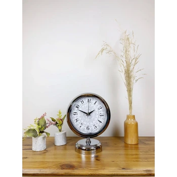 Krom Metal Çini Desen Masa Saati 25×20 cm