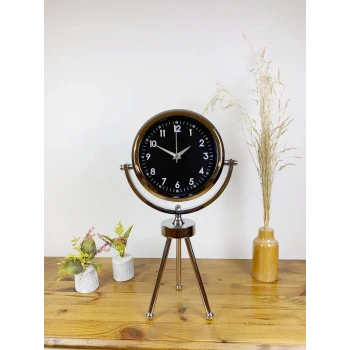 Krom Metal Mini Tripod Gece Siyahı Masa Saati 45×26 cm