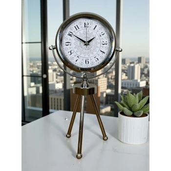 Krom Motif Tasarım Üç Ayaklı Metal Masa Saati