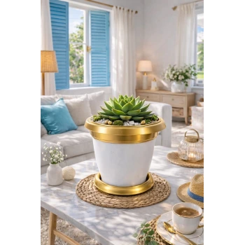 NF Gold Bilezikli 1.7 Litre Dekoratif Plastik Saksı Beyaz