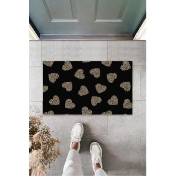 Siyah Kapı Önü Paspası Leopar Kalp Desen  K-3246