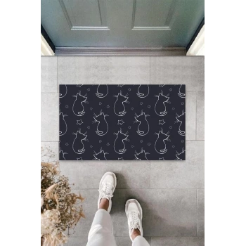 Siyah Kapı Önü Paspası Yıldızlı Kediler Desen  K-3307