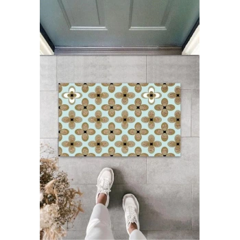 Turkuaz Kapı Önü Paspası Çiçek Desen  K-3259