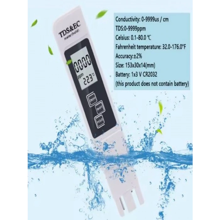 Ec & Tds Metre 3in1 Sıcaklık ppm µS Ölçer Dijital Su Kalite Ölçüm Cihazı - Akvaryum Tarım İçme Suyu