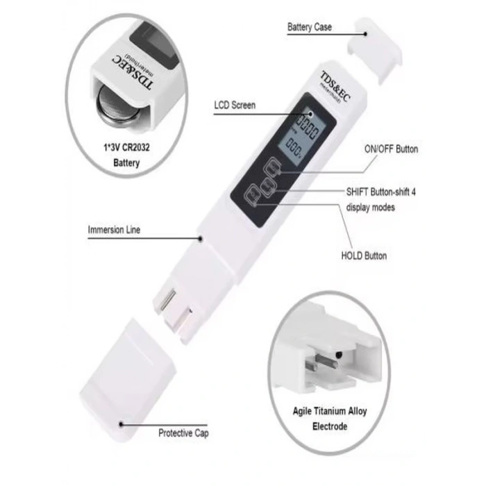 Ec & Tds Metre 3in1 Sıcaklık ppm µS Ölçer Dijital Su Kalite Ölçüm Cihazı - Akvaryum Tarım İçme Suyu