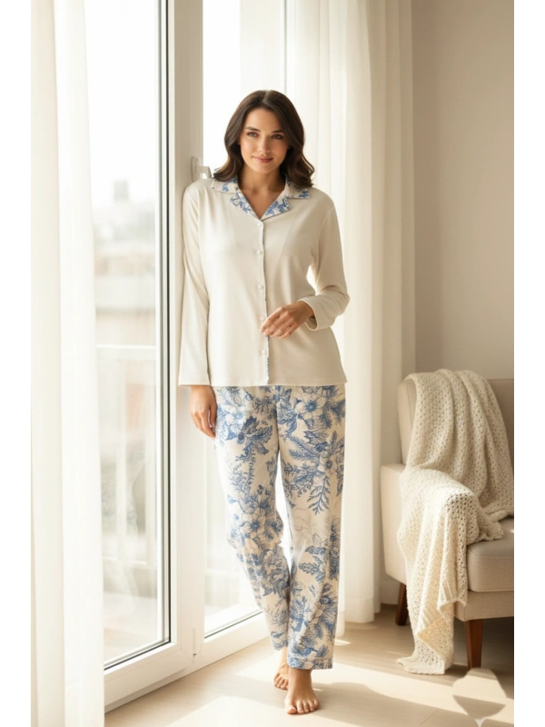 Mavi Desenli Düğmeli Kadın Pijama Takımı